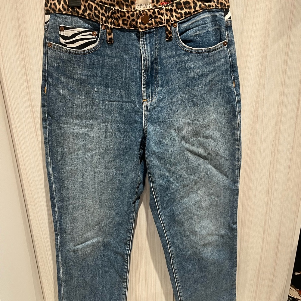 Alice + Olivia Blue High Rise Jeans with Animal Print